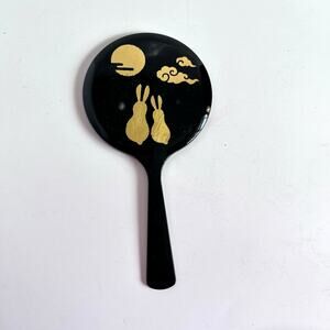 Black and Gold Lusterware 4" Handheld mirror with Gold Bunnies Moon Clouds